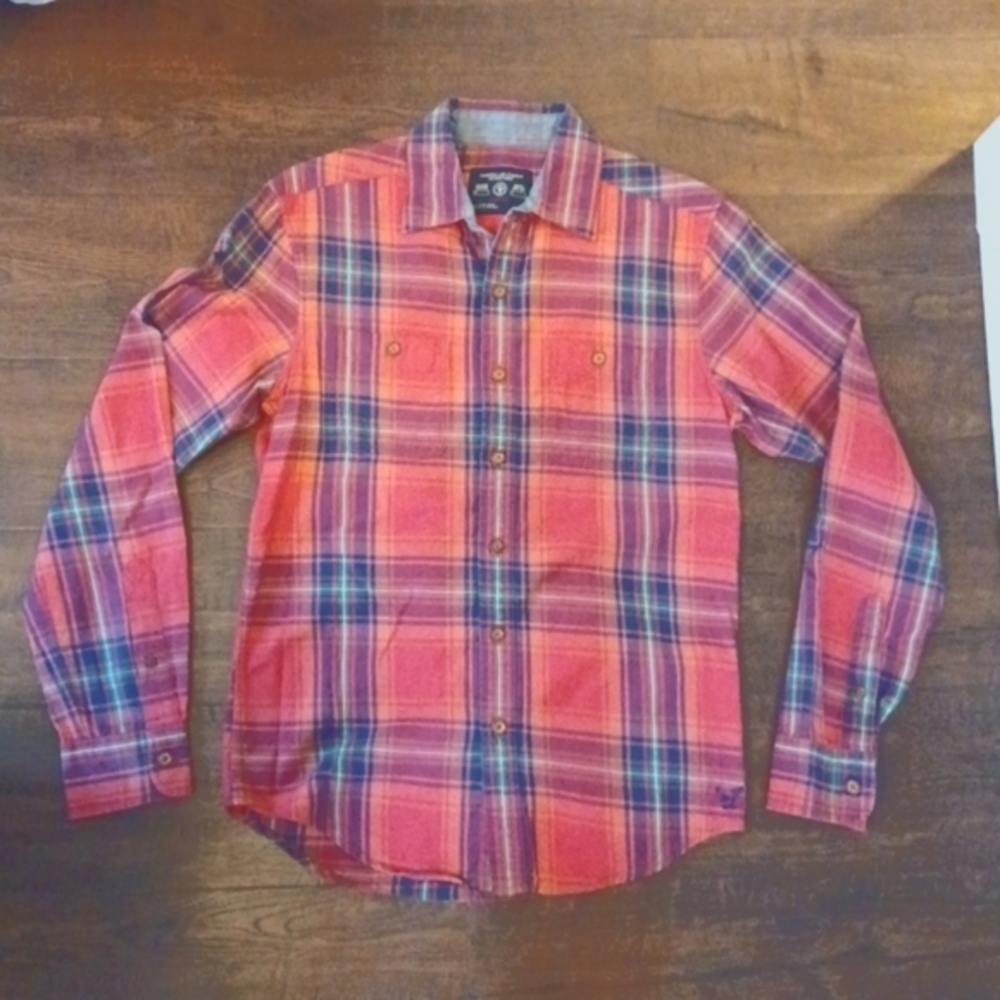 American Eagle Prep Fit Orange Plaid Button